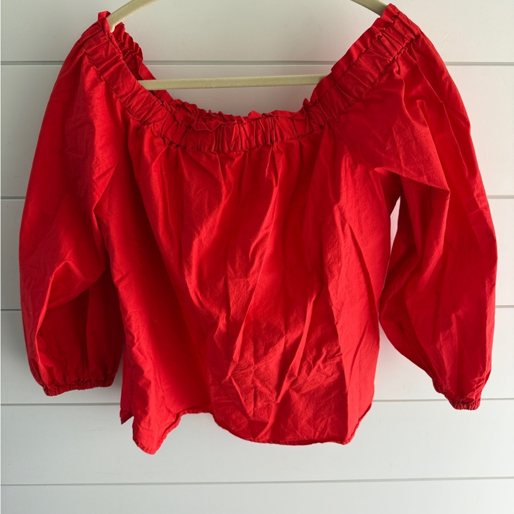 J. Crew Bright Cherry Red Cotton Fabric Off-the-Shoulder Blouse, Size Medium - Picture 2 of 7